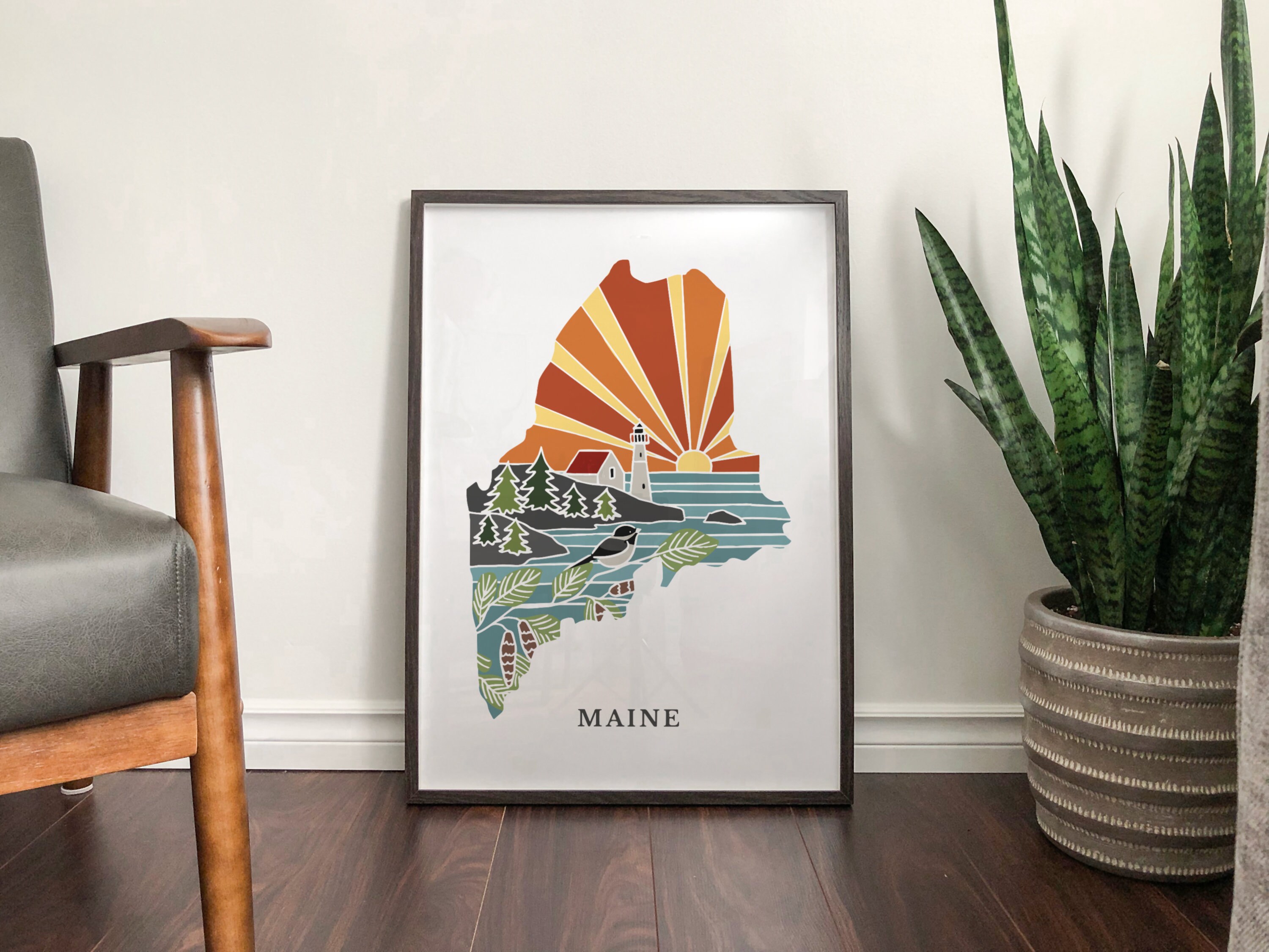 Maine Physical Art Print | State Wall Art | 5x7, 8x10, 11x14, 16x20&quot; Archival Art Print | Maine Illustrated Poster