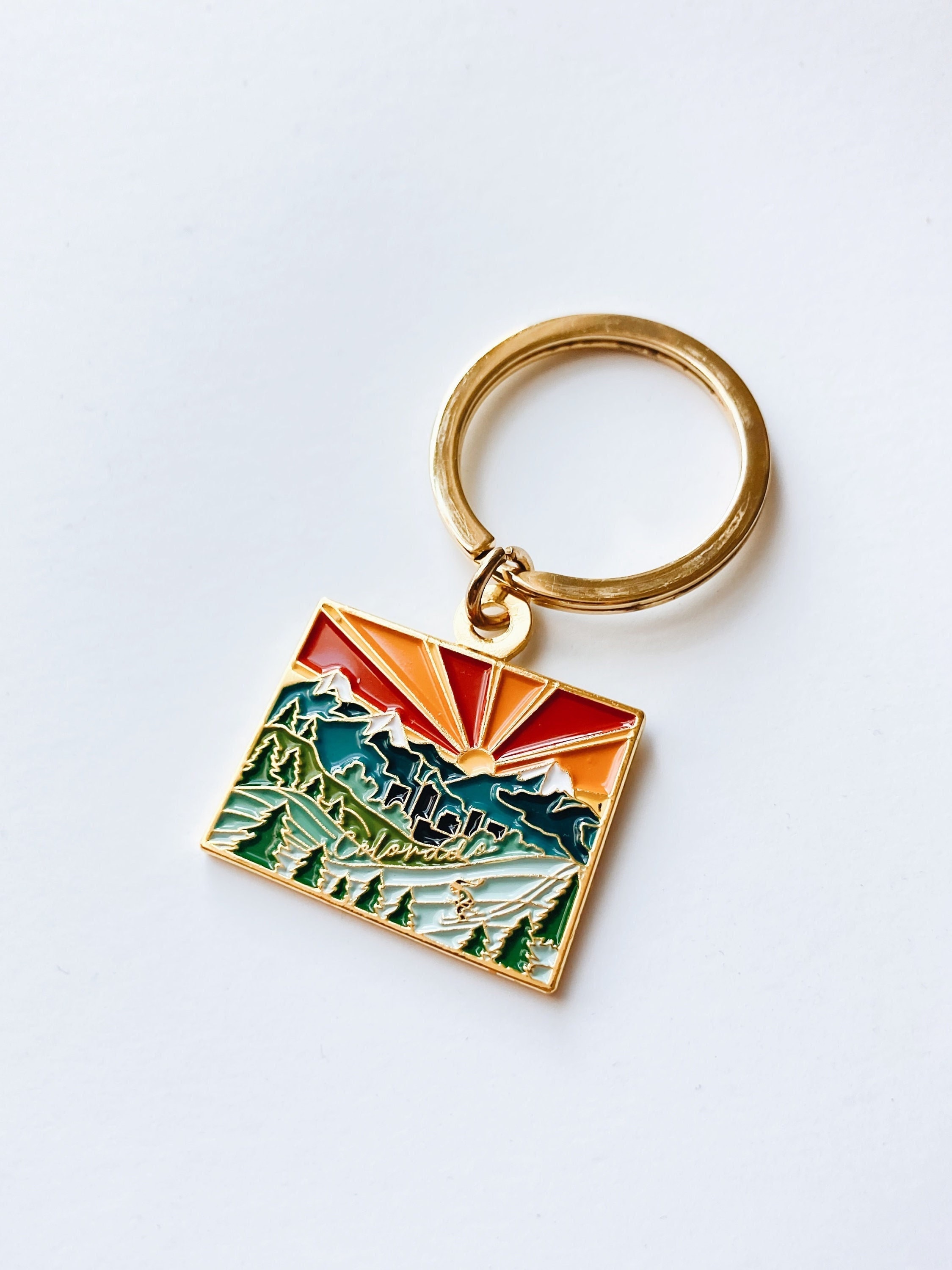 Colorado Gold Enamel Keychain | Colorado Outline Key Ring | Soft Enamel Illustrated State Keychain 1.25&quot;