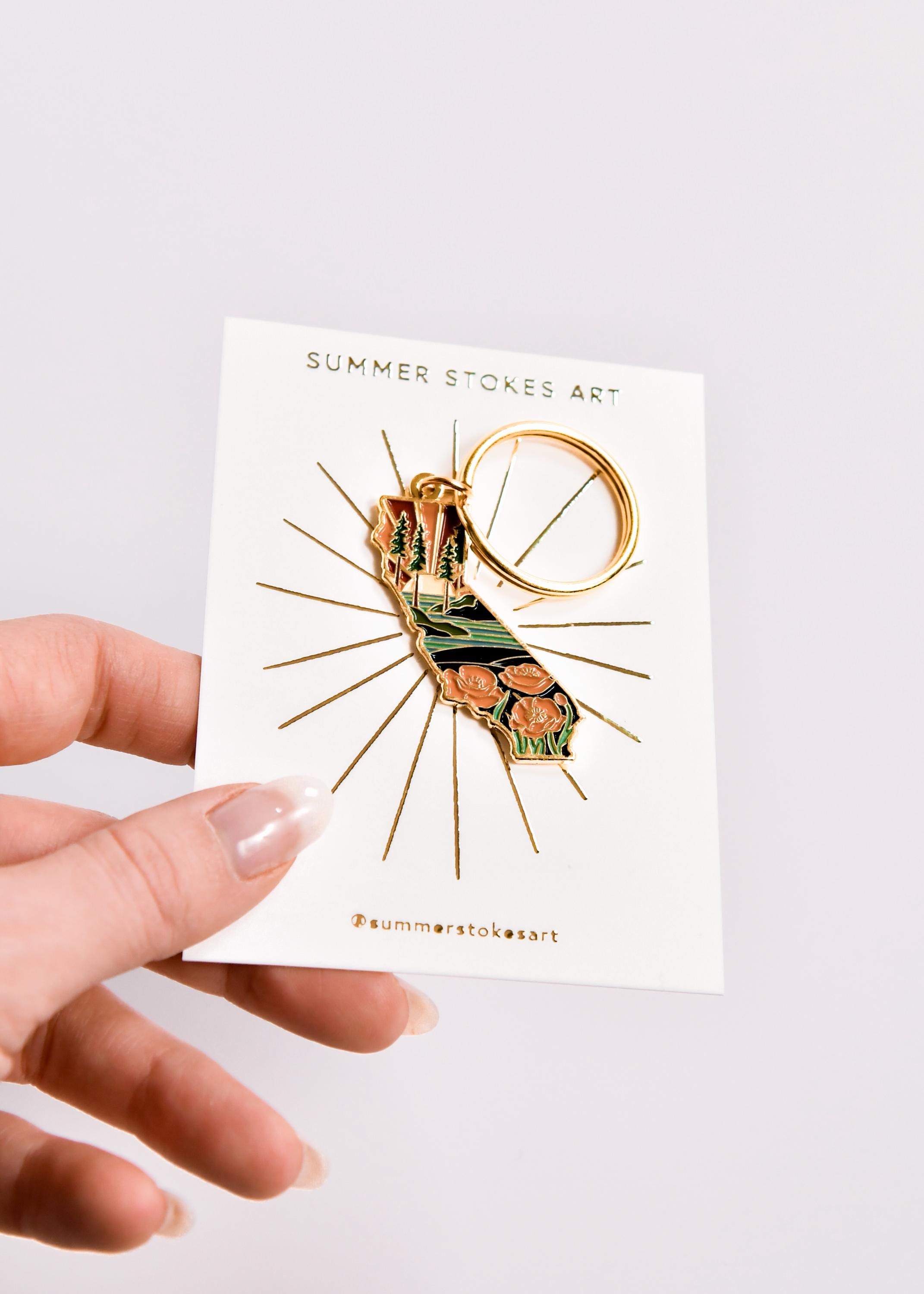 California Poppy Soft Enamel Keychain 1.5&quot; | California Outline Key Ring | Illustrated State Keychain