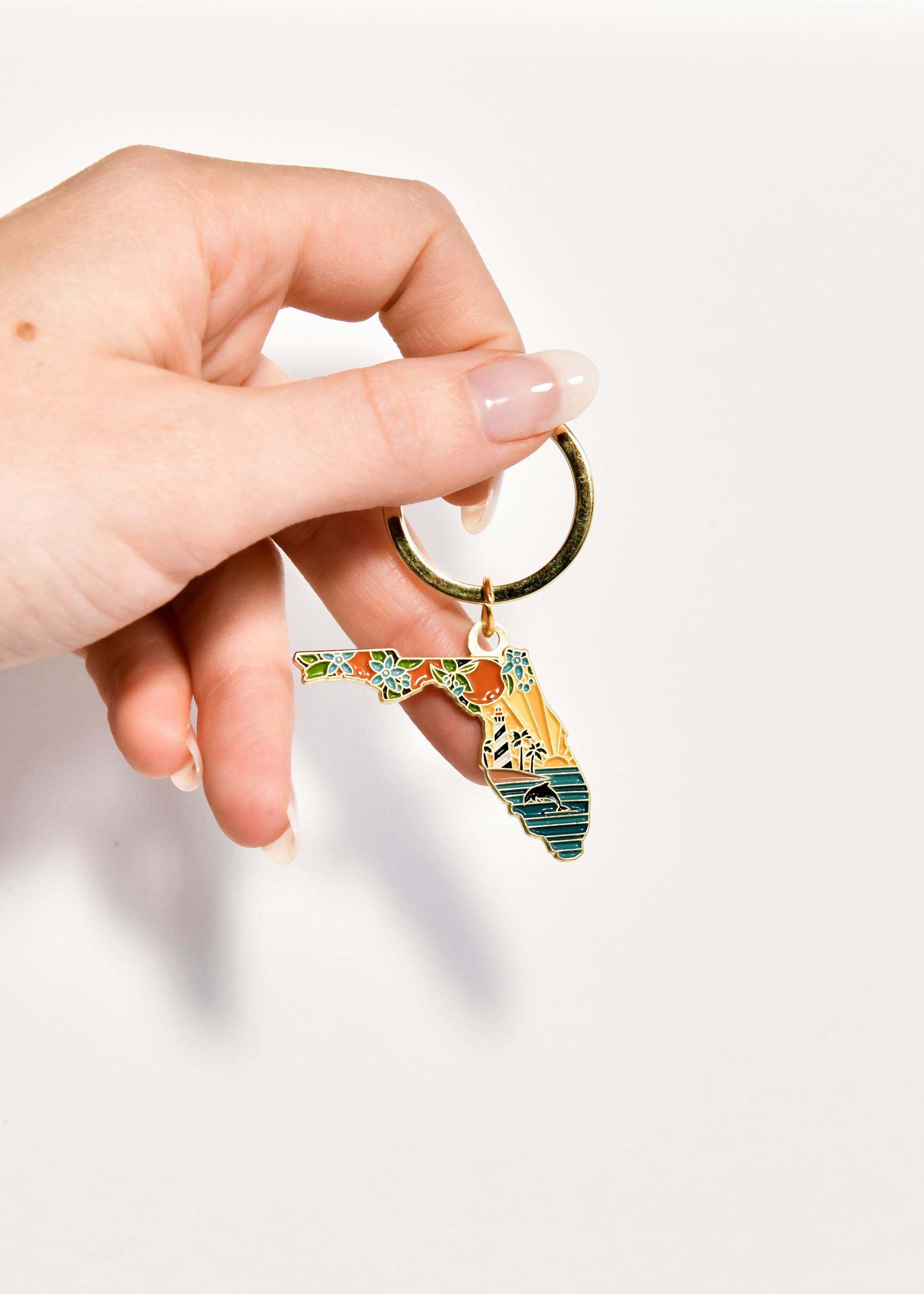 Florida Gold Enamel Keychain | Florida Outline Key Ring | Soft Enamel Illustrated State Keychain 1.5&quot;