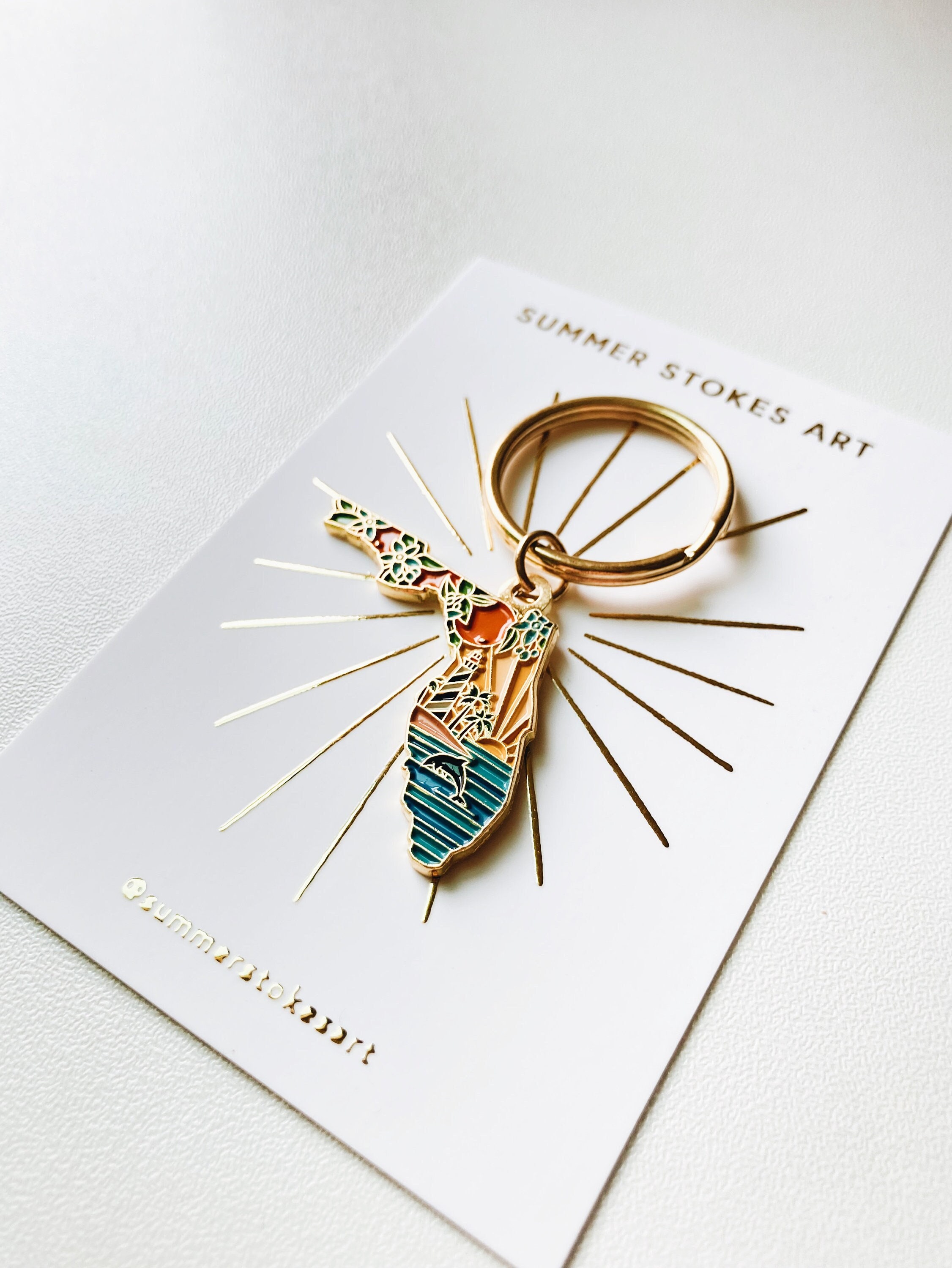 Florida Gold Enamel Keychain | Florida Outline Key Ring | Soft Enamel Illustrated State Keychain 1.5&quot;
