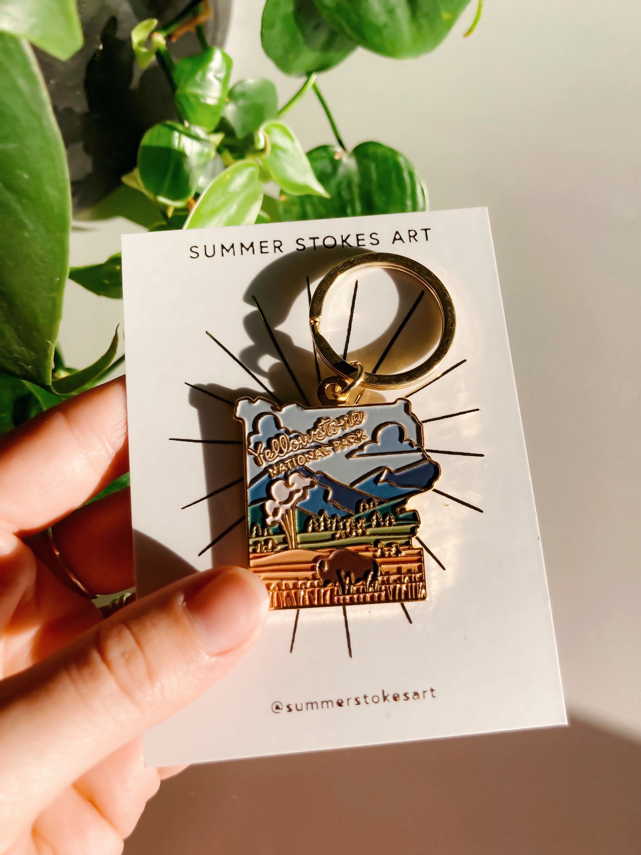 Yellowstone Gold Enamel Keychain | National Park Key Ring | Soft Enamel Illustrated Keychain | Yellowstone National Park Gift | 1.5&quot;