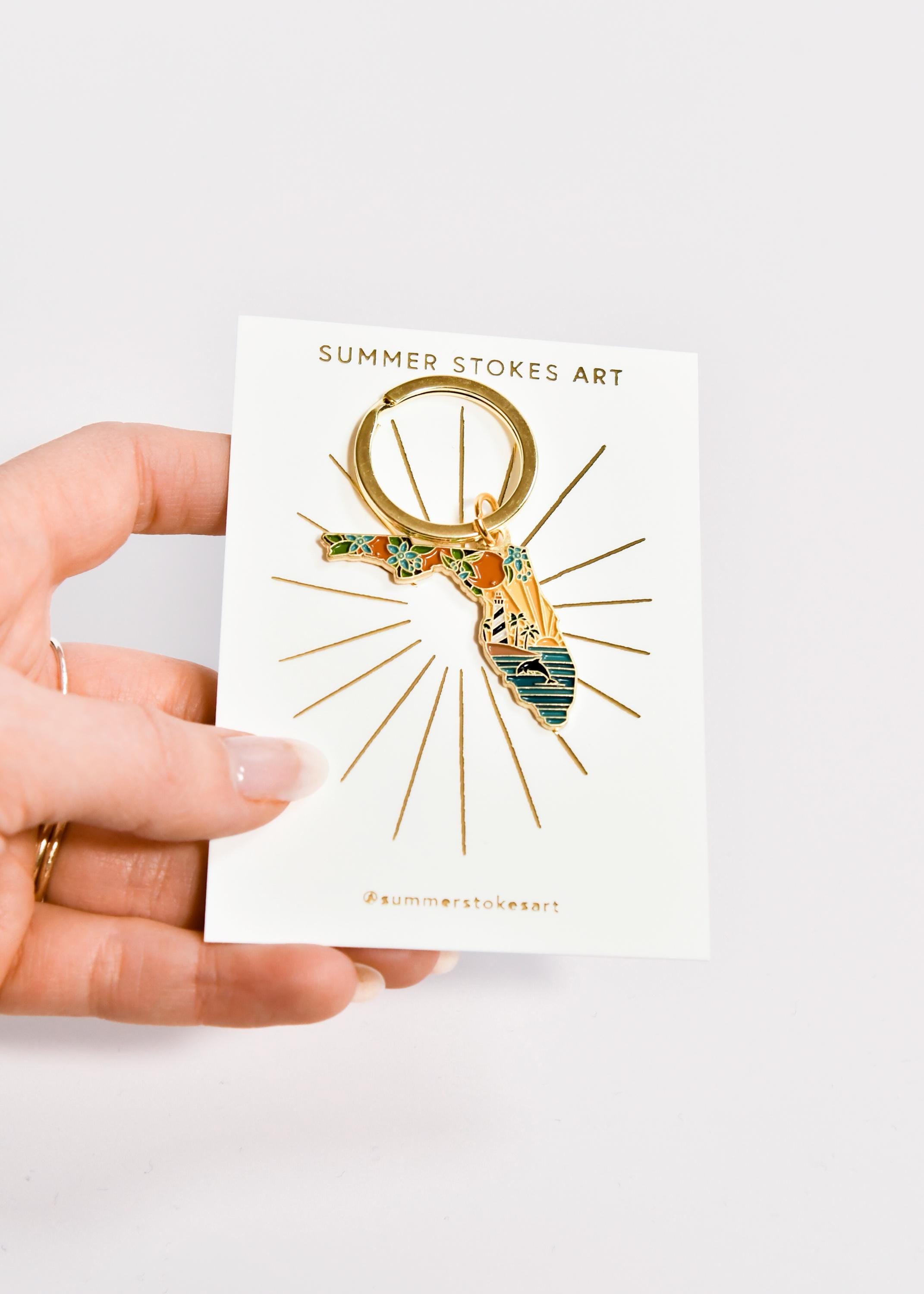 Florida Gold Enamel Keychain | Florida Outline Key Ring | Soft Enamel Illustrated State Keychain 1.5&quot;