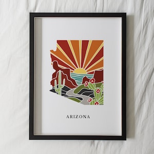 Arizona kunstafdruk | Staatsmuurkunst | Archival Art Print 5 x 7, 8 x 10, 11 x 14, 16 x 20 | AZ-overzichtsposter | Illustratie Arizona
