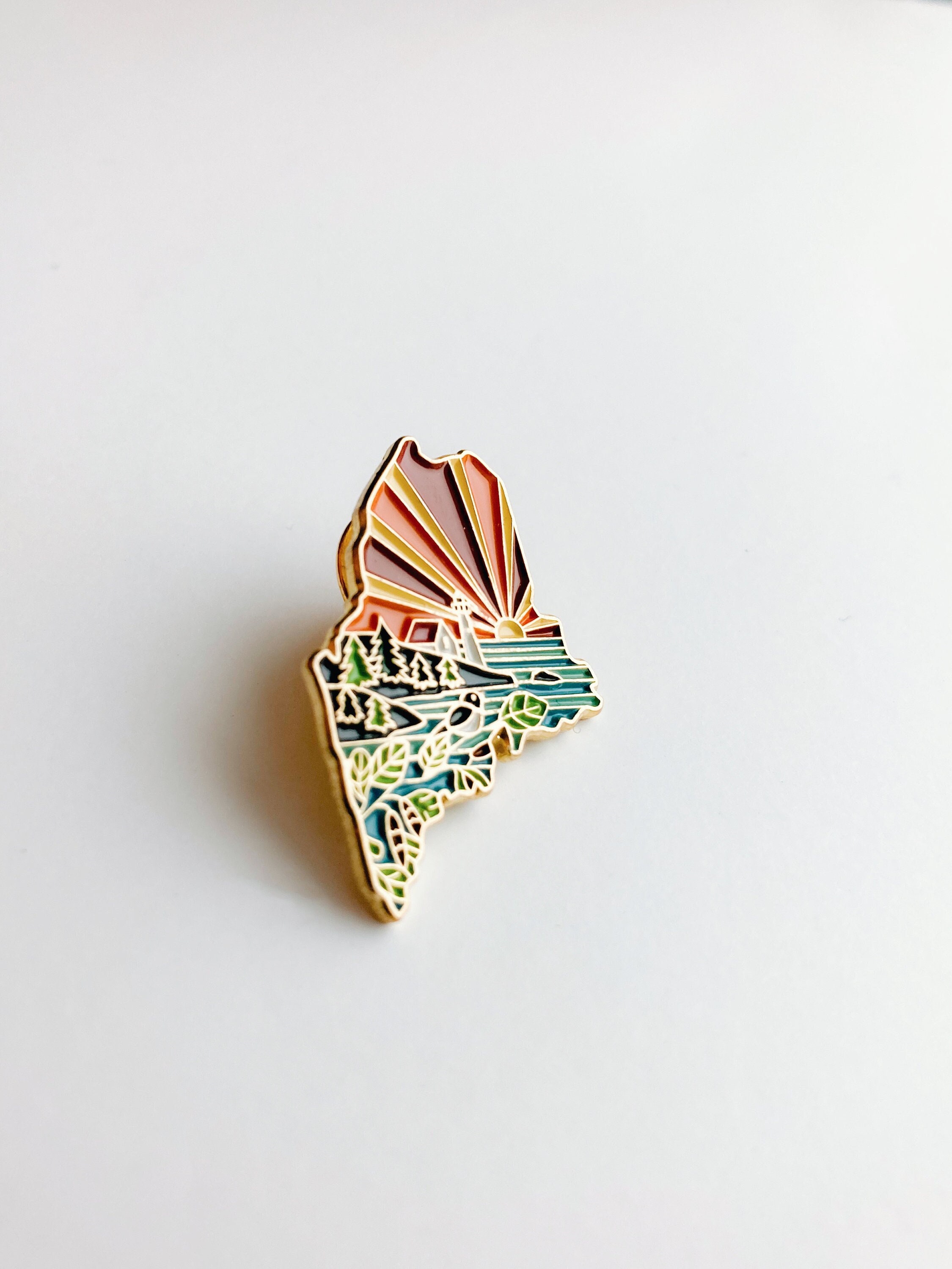 Maine Enamel Pin | Gold Soft Enamel Pin | Illustrated United States Pin | Butterfly Clasp | 1.25&quot;