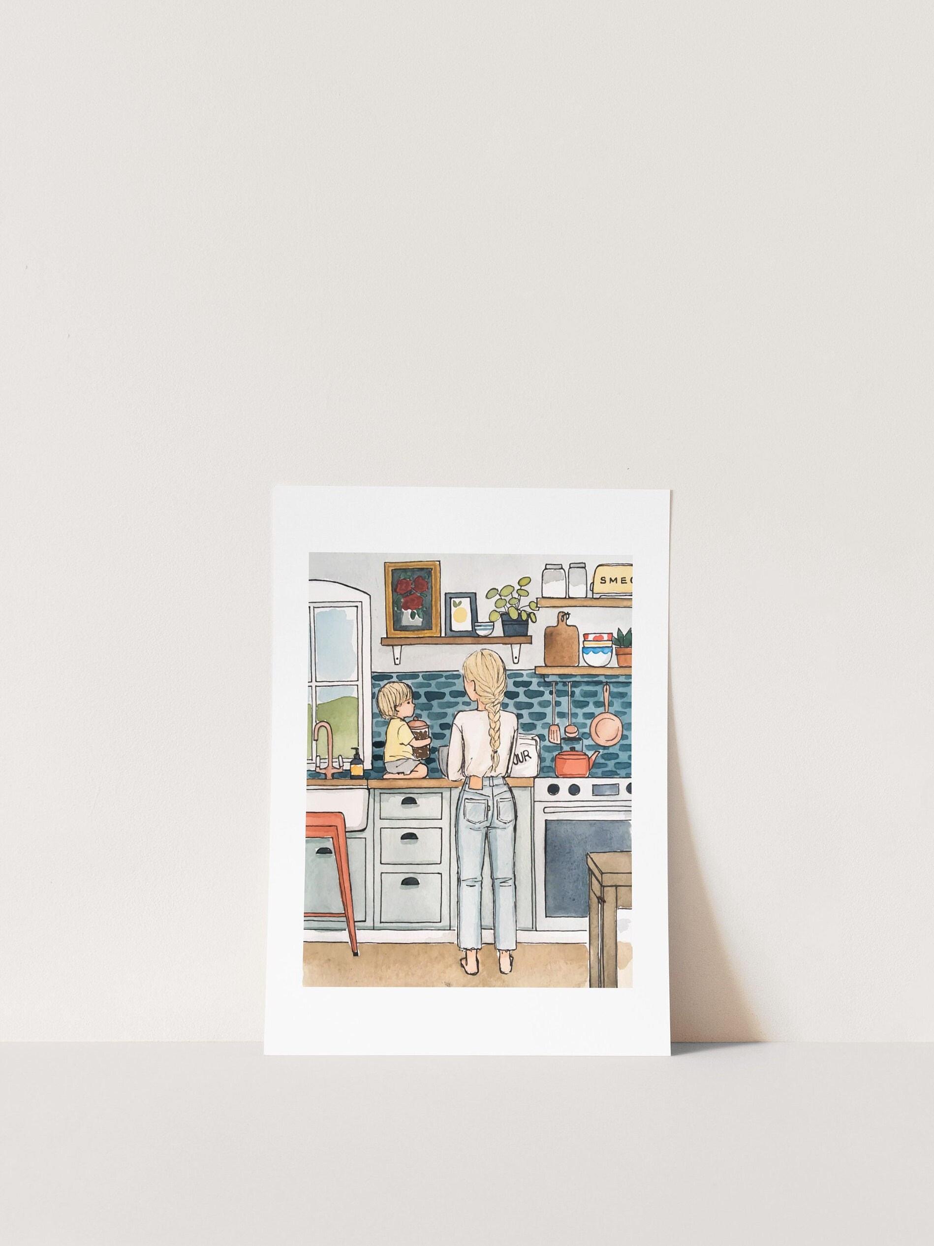 Kitchen Print | Watercolor Illustration | Mother & Son Art | Cooking artwork | Wall Art | 8x10&quot; 5x7&quot; Archival Art Print