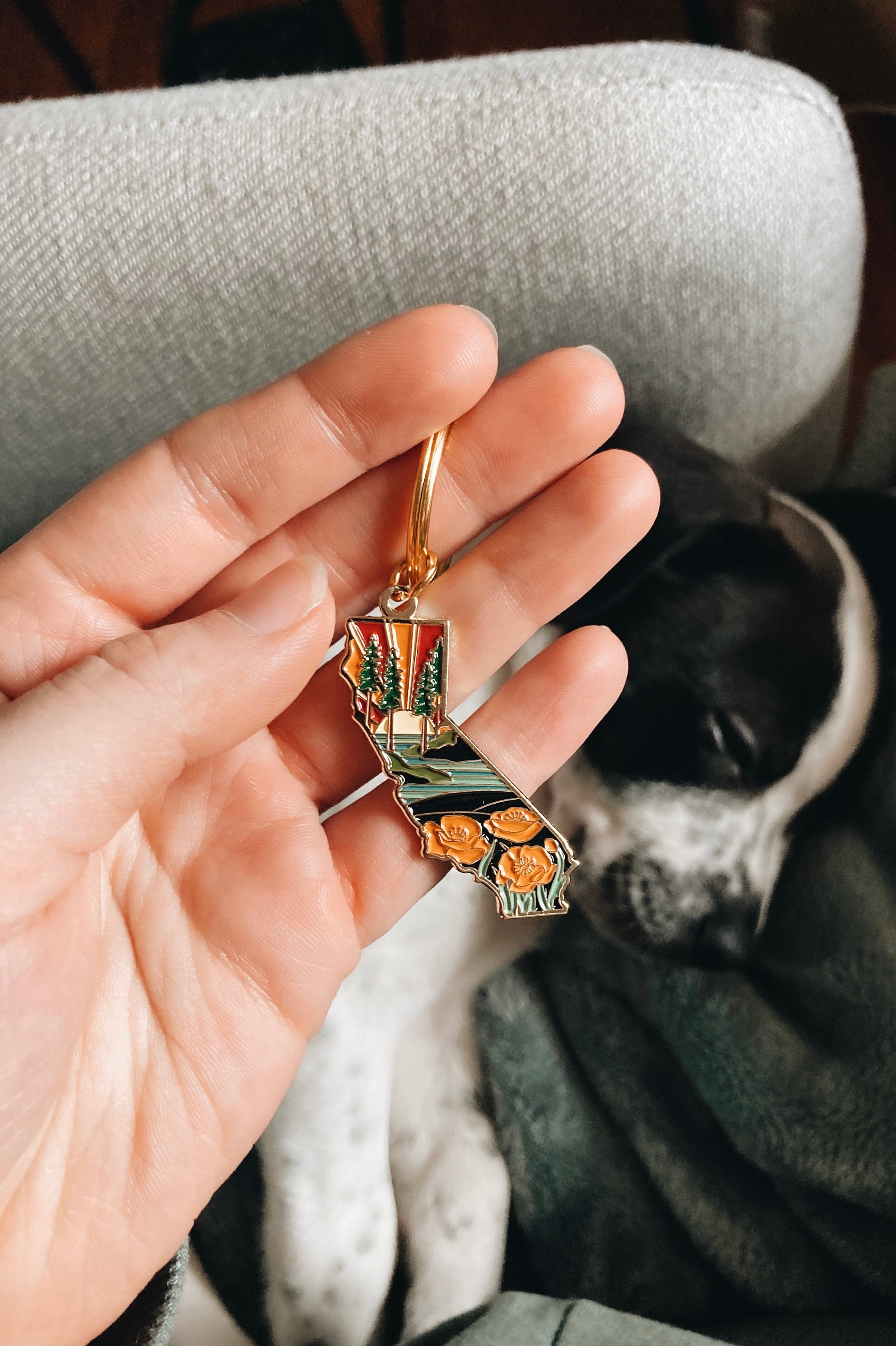 California Poppy Soft Enamel Keychain 1.5&quot; | California Outline Key Ring | Illustrated State Keychain