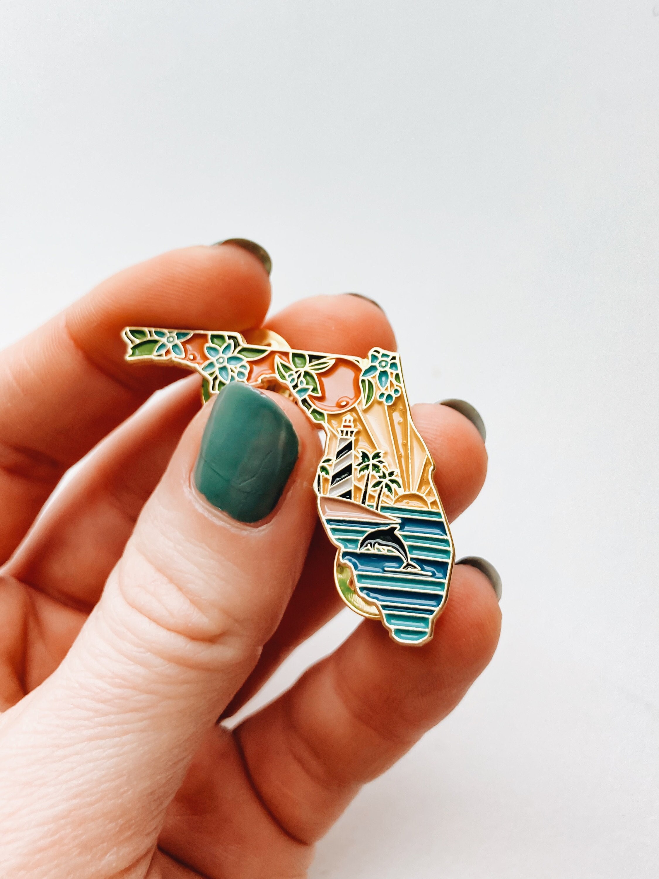 Florida Enamel Pin | Gold Soft Enamel Pin | Illustrated United State Pin | Butterfly Clasp | 1.25&quot;