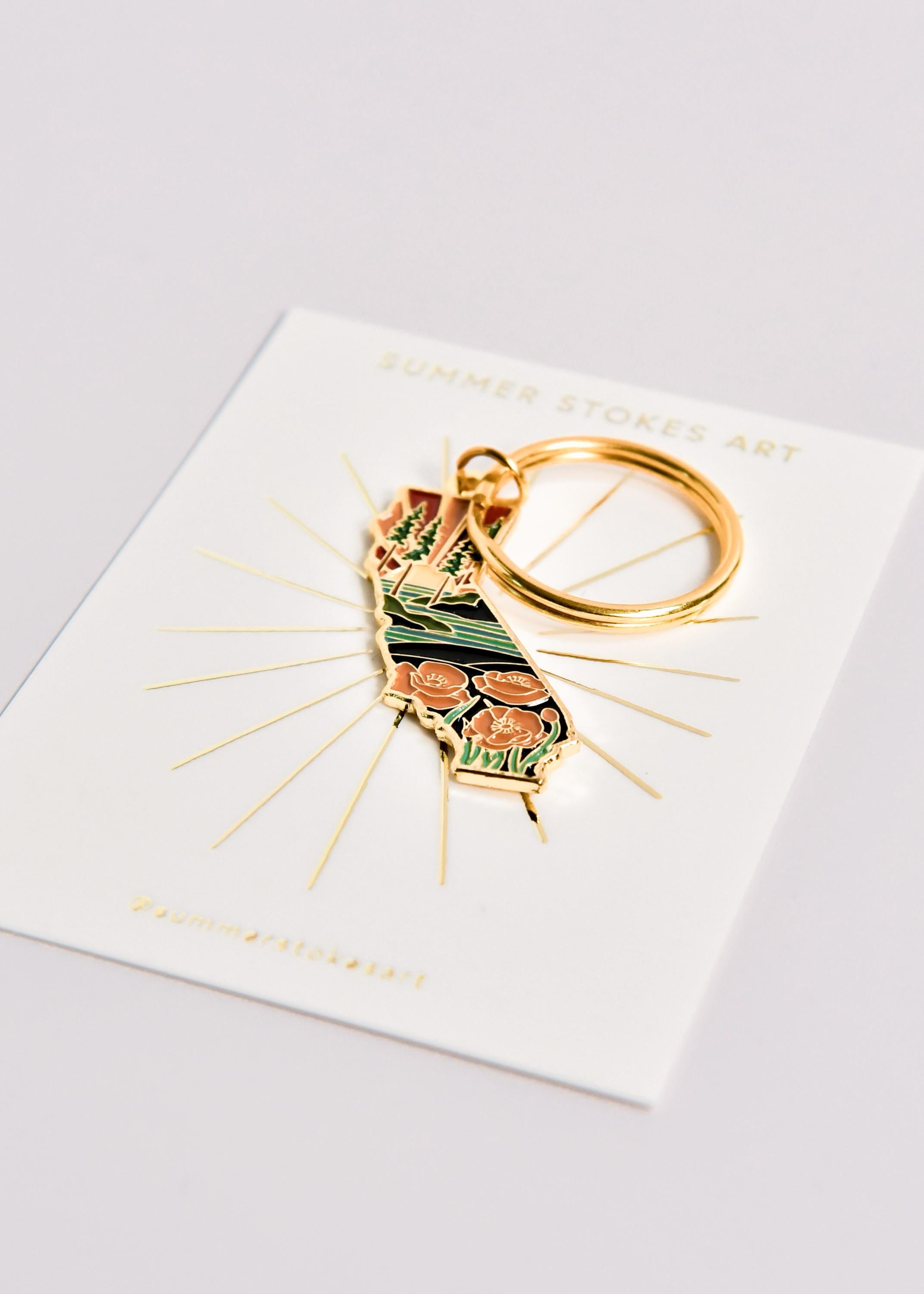 California Poppy Soft Enamel Keychain 1.5&quot; | California Outline Key Ring | Illustrated State Keychain