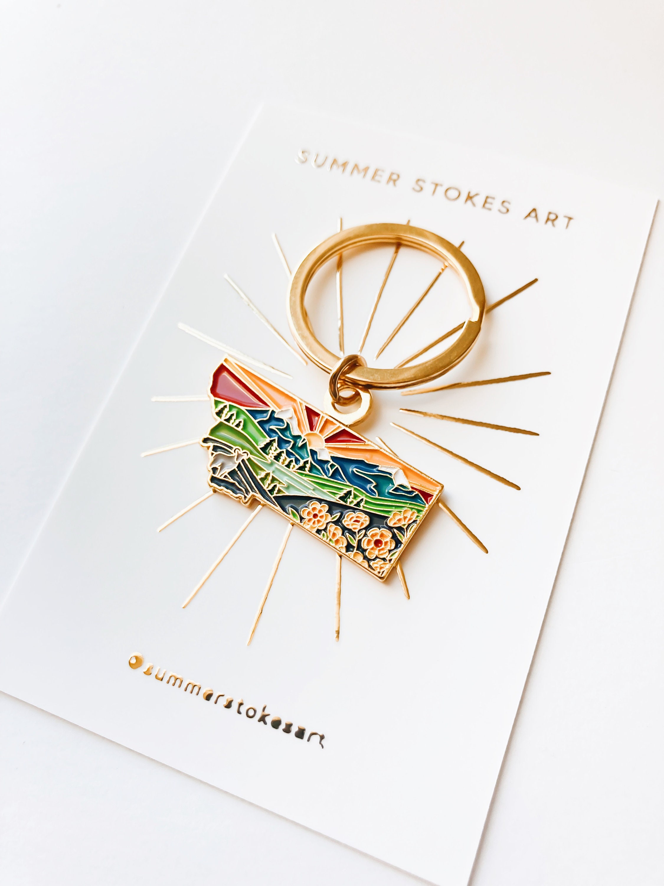 Montana Gold Enamel Keychain | Montana State Key Ring | Soft Enamel Illustrated State Keychain 1.5&quot;