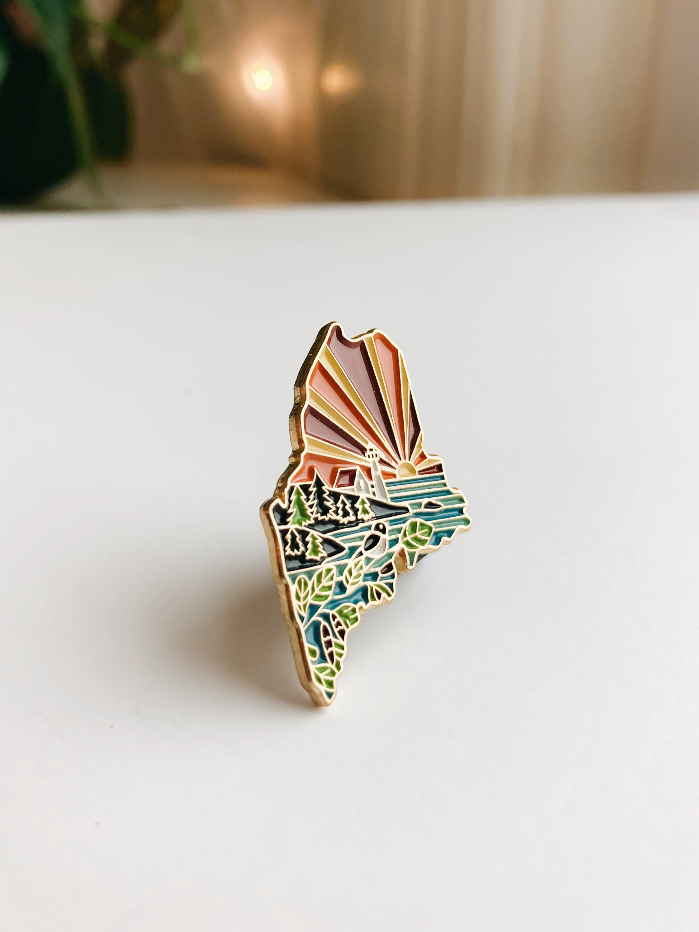 Maine Enamel Pin | Gold Soft Enamel Pin | Illustrated United States Pin | Butterfly Clasp | 1.25&quot;