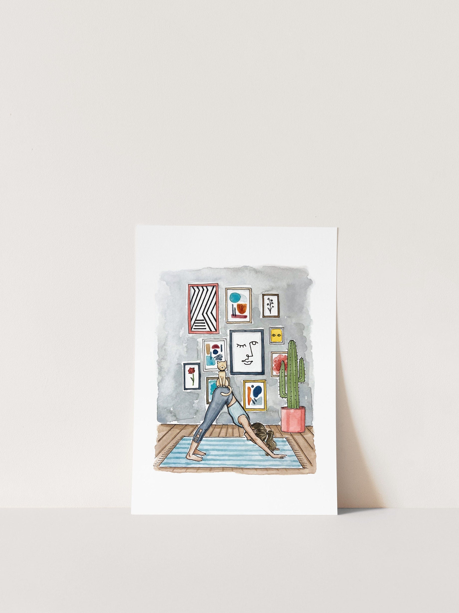 Yoga Cat Print | Watercolor Illustration | Wall Art | Abstract Watercolor Wall Art | Nursery Decor | Boho Wall Decor | 8x10&quot; 5x7&quot; Art Print