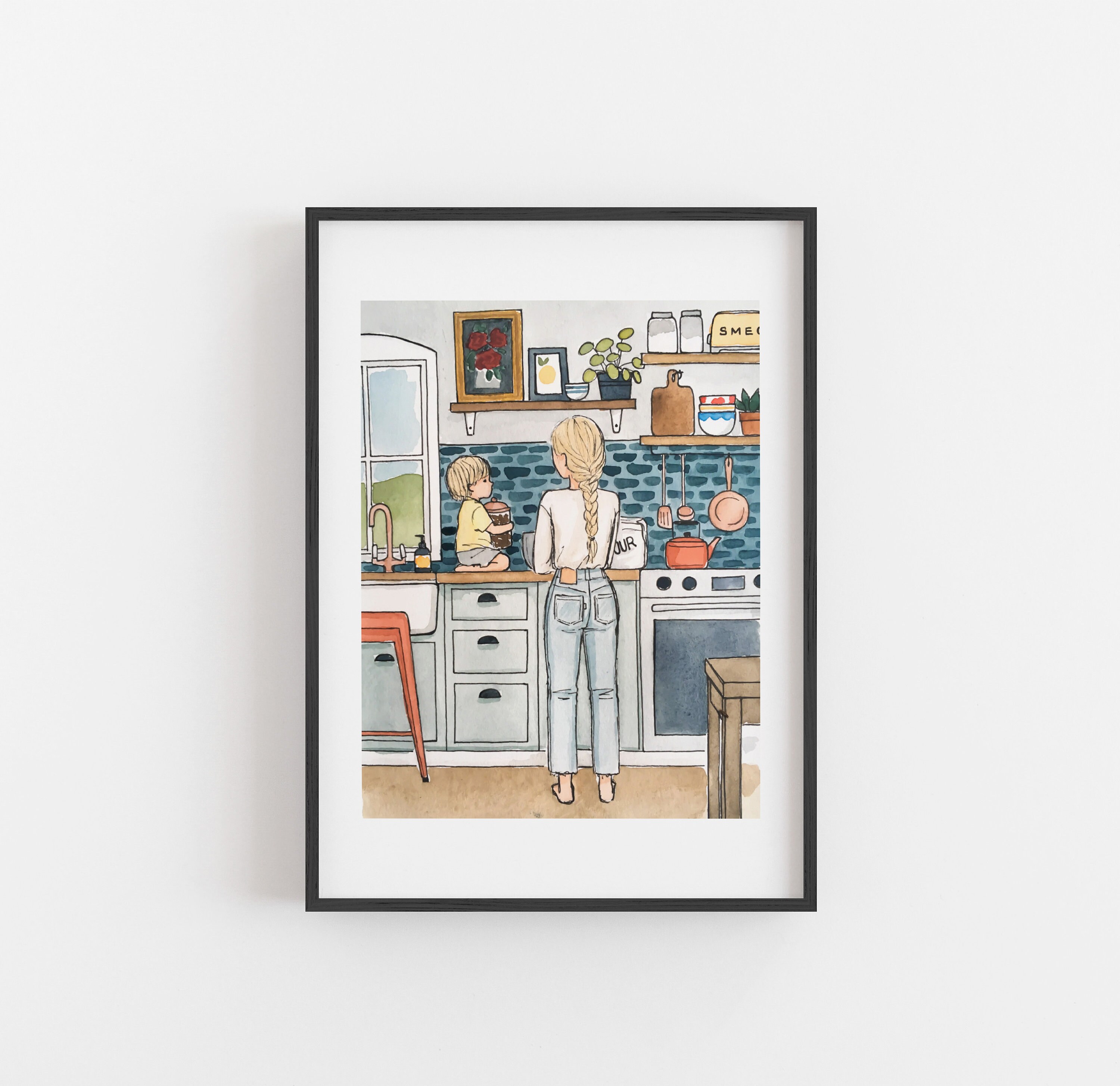 Kitchen Print | Watercolor Illustration | Mother & Son Art | Cooking artwork | Wall Art | 8x10&quot; 5x7&quot; Archival Art Print