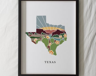 Texas Art Print | State Wall Art | 5x7, 8x10, 11x14, 16x20 Archival Art Print | TX Outline Poster | Texas Illustration