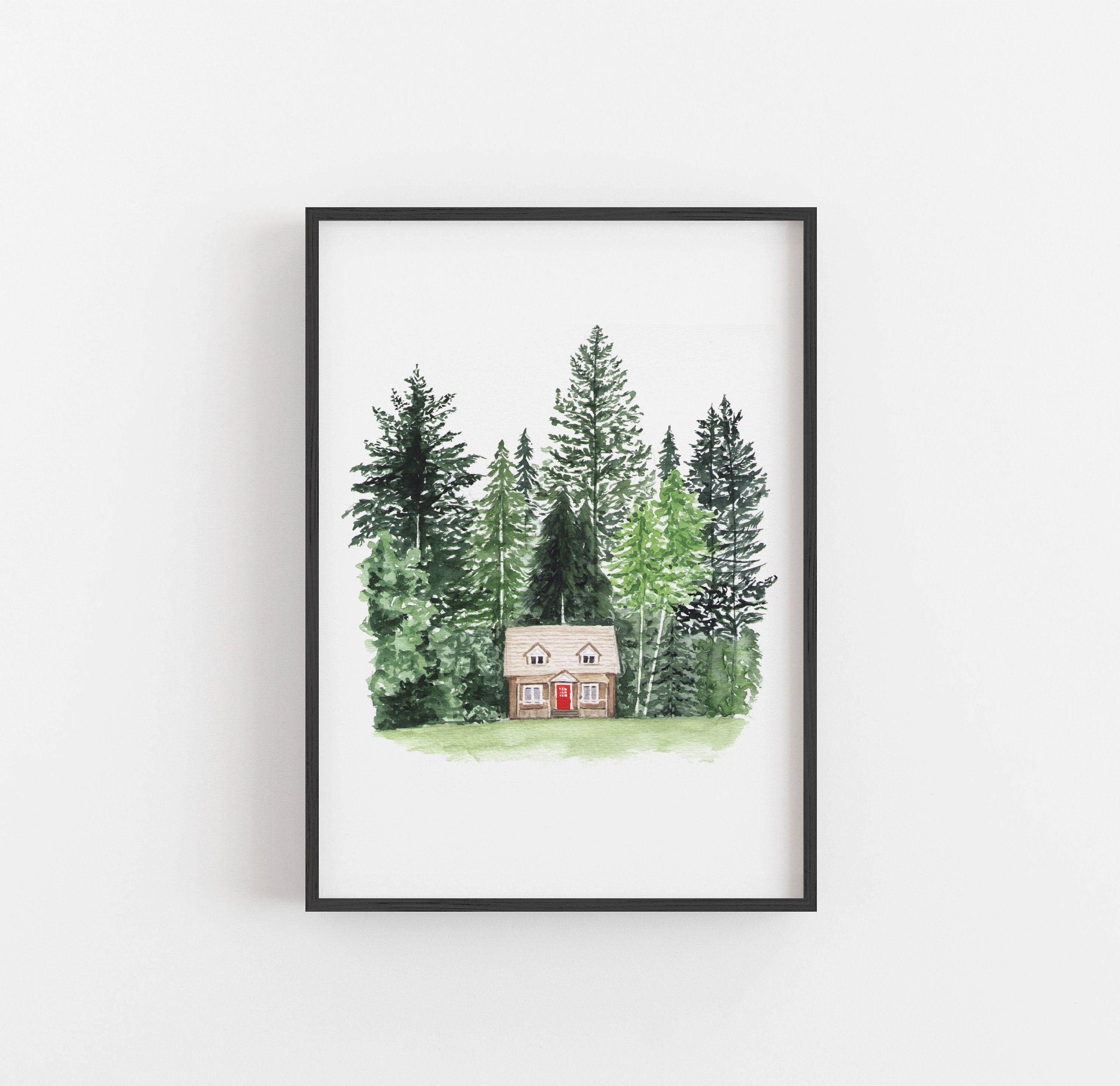 Cabin in the Woods Print | Watercolor Art Print | Pacific Northwest Illustration | Washington Oregon Idaho Decor | Moody PNW Wall Art