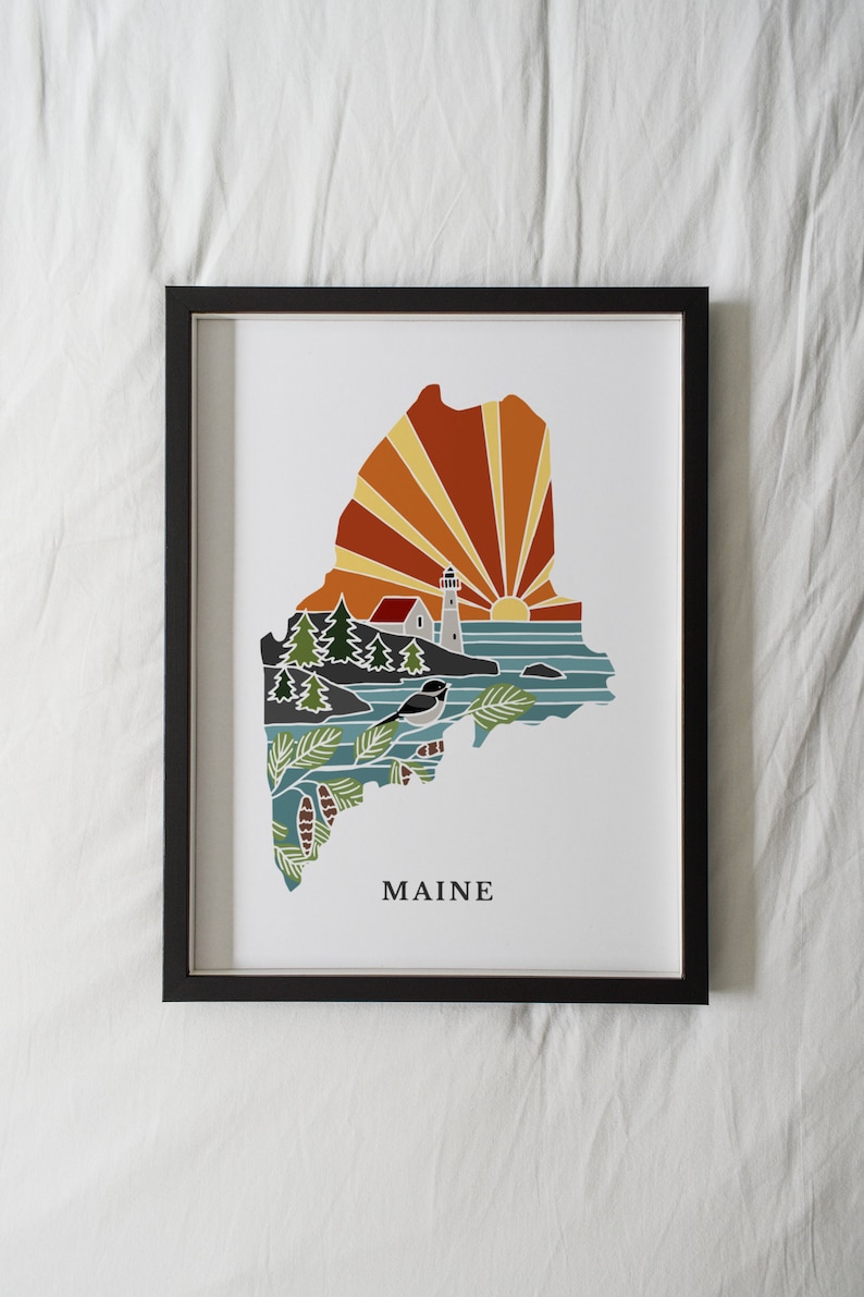 Maine Physical Art Print State Wall Art 5x7, 8x10, 11x14, 16x20 Archival Art Print Maine Illustrated Poster image 1