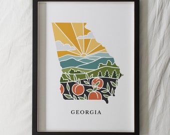 Georgia Peach Art Print | 5x7, 8x10, 11x14, 16x20 Archival Art Print | GA Outline Poster | Georgia Illustration | State Wall Art