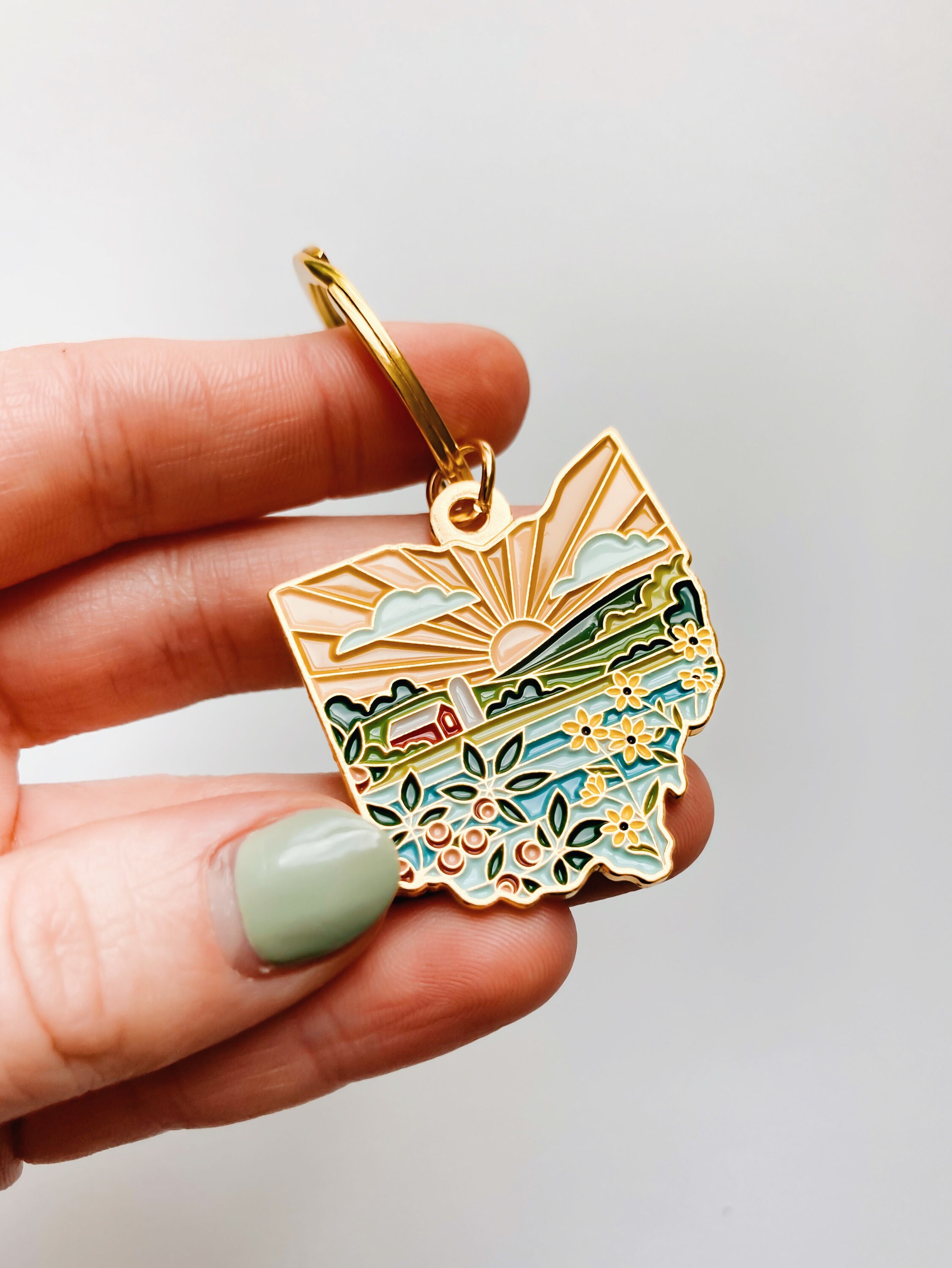 Ohio Gold Enamel Keychain | Ohio Outline Key Ring | Soft Enamel Illustrated State Keychain 1.5&quot;