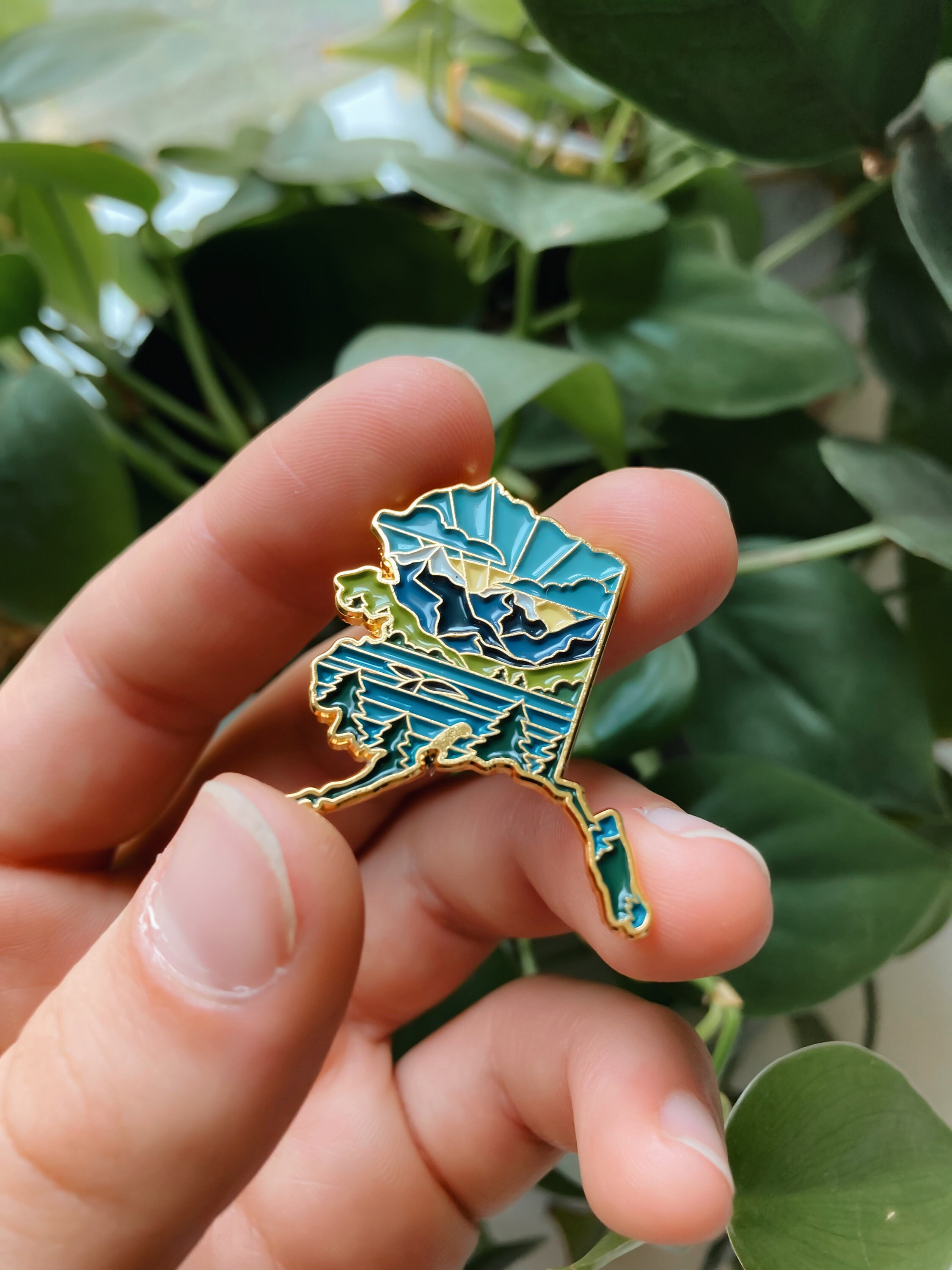 Alaska Enamel Pin | Gold Soft Enamel Pin | Illustrated United State Pin | Butterfly Clasp | 1.25&quot;