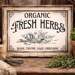May include: A rectangular wooden sign with a distressed white background and a brown frame. The sign reads "ORGANIC FRESH HERBS" in black script and features a botanical illustration. The bottom of the sign lists basil, thyme, sage, and oregano.