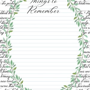 Op de afbeelding: Een handgeschreven notitie op gestreept papier met de woorden "Things to Remember" in cursief. De notitie is omlijst door een rand van groene bladeren.