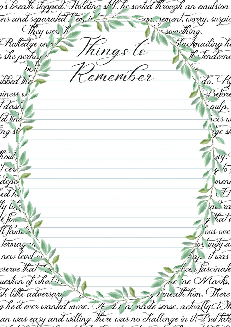 Op de afbeelding: Een handgeschreven notitie op gestreept papier met de woorden "Things to Remember" in cursief. De notitie is omlijst door een rand van groene bladeren.