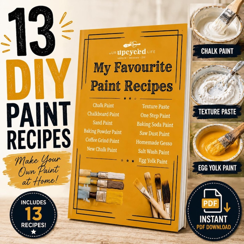 Peut inclure: Une couverture de livre num&eacute;rique intitul&eacute;e My Favourite Paint Recipes sur fond jaune, pr&eacute;sentant une liste de treize types de peinture DIY, des illustrations de pinceaux et trois encarts circulaires montrant de la peinture &agrave; la craie, de la p&acirc;te &agrave; texture et de la peinture au jaune d'&oelig;uf.