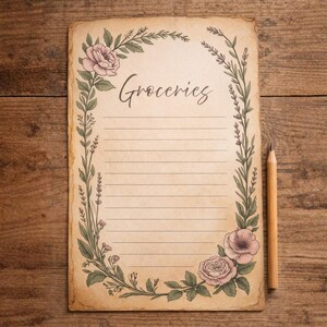 May include: A vintage-style grocery list notepad with the word "Groceries" in script. The notepad is decorated with a floral border of pink roses and green leaves. A wooden pencil rests on a wooden surface next to the notepad.