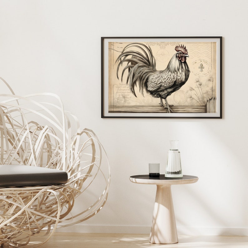 May include: A black and white illustration of a rooster with a red comb and wattles, standing on a wooden fence. The illustration is on a vintage-style background with text and decorative elements.