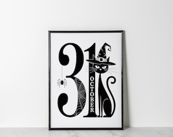 Halloween Black Cat Art Print | October 31st Spider Web Decor (Digital Download)