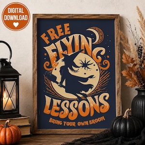 May include: A framed wall art print featuring a dark blue background with orange text that reads FREE FLYIN LESSONS BRING YOUR OWN BROOM. The central graphic shows a silhouette of a witch riding a broomstick in front of a large beige moon.