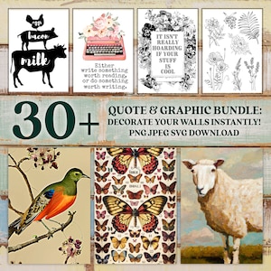 May include: A collection of wall art prints featuring various designs. Includes a black and white illustration of a cow, pig, and chicken with the words "bacon" and "milk". Other prints include a typewriter, butterflies, and a sheep.
