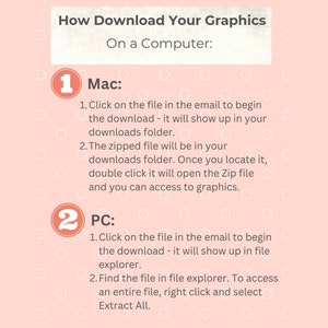 Op de afbeelding: Een roze en witte afbeelding met instructies over het downloaden van afbeeldingen op een computer. De afbeelding toont twee stappen, een voor Mac en een voor PC. De afbeelding bevat de nummers 1 en 2 in grote cirkels.