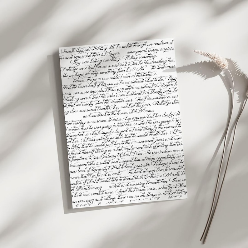 May include: A close-up of a handwritten page of text in black ink on white paper. The text is in a cursive script and appears to be a story or novel. The text is difficult to read, but it appears to be about a relationship between two people.
