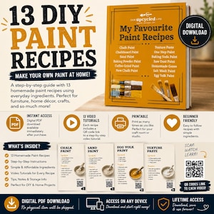 Peut inclure: Un guide num&eacute;rique intitul&eacute; 13 DIY Paint Recipes pr&eacute;sentant une couverture de livre jaune avec des illustrations de pinceaux et une liste de recettes. Le document inclut des pages imprimables, des QR codes et des instructions.