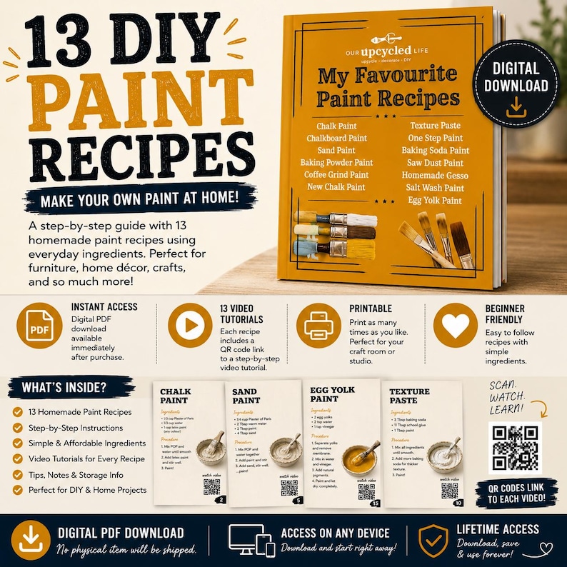 Peut inclure: Un guide num&eacute;rique intitul&eacute; 13 DIY Paint Recipes pr&eacute;sentant une couverture de livre jaune avec des illustrations de pinceaux et une liste de recettes. Le document inclut des pages imprimables, des QR codes et des instructions.