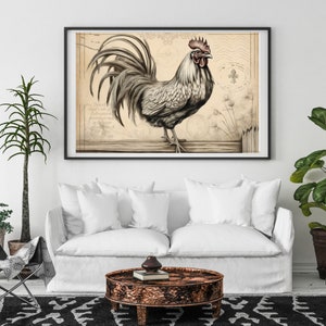 May include: A vintage-style illustration of a rooster with a gray and white plumage, standing on a wooden surface. The background features a faded, antique-looking paper with text and decorative elements.