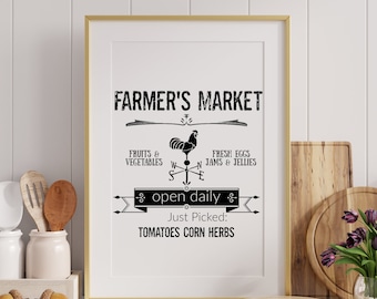Farmers Market Printable Sign | Farmhouse Kitchen Wall Art PNG JPEG | Rustic Country Decor | Instant Digital Download