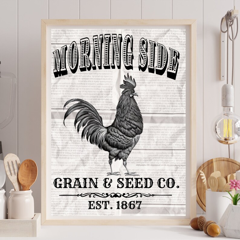 May include: Framed black and white print featuring a detailed illustration of a rooster. The print includes the text "MORNING SIDE" at the top, "GRAIN & SEED CO." in the middle, and "EST. 1867" at the bottom. The background is a collage of newspaper clippings.