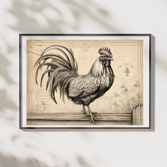 Vintage Rooster Art Print | Antique Farmhouse Kitchen Wall Decor | Digital Download
