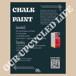 Peut inclure: Un graphique p&eacute;dagogique pour la peinture &agrave; la craie DIY pr&eacute;sentant une recette avec du pl&acirc;tre de Paris, de l'eau et de la peinture au latex. Il comprend une image d'une bo&icirc;te de pl&acirc;tre de Paris DAP, un QR code vid&eacute;o et la proc&eacute;dure de m&eacute;lange.