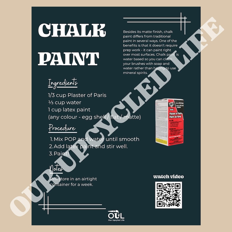 Peut inclure: Un graphique p&eacute;dagogique pour la peinture &agrave; la craie DIY pr&eacute;sentant une recette avec du pl&acirc;tre de Paris, de l'eau et de la peinture au latex. Il comprend une image d'une bo&icirc;te de pl&acirc;tre de Paris DAP, un QR code vid&eacute;o et la proc&eacute;dure de m&eacute;lange.