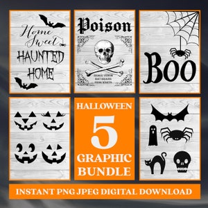 Halloween Bundle of 5 Printables | Spooky Wall Art Set | PNG JPEG SVG Instant Digital Downloads | Halloween Decor Pack