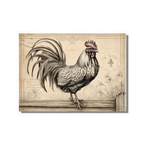 May include: A vintage-style illustration of a rooster standing on a wooden fence. The rooster is gray and white with a red comb and wattles. The background is a light brown with a faded floral pattern.