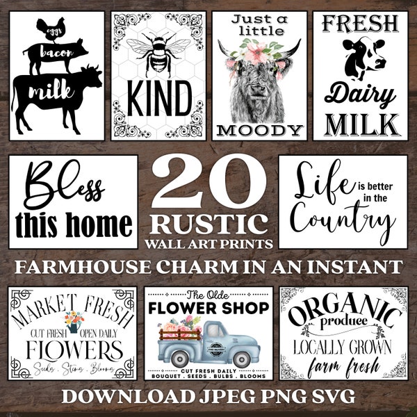20 Rustic Wall Art Prints: Farmhouse Charm in an Instant Download JPEG PNG SVG