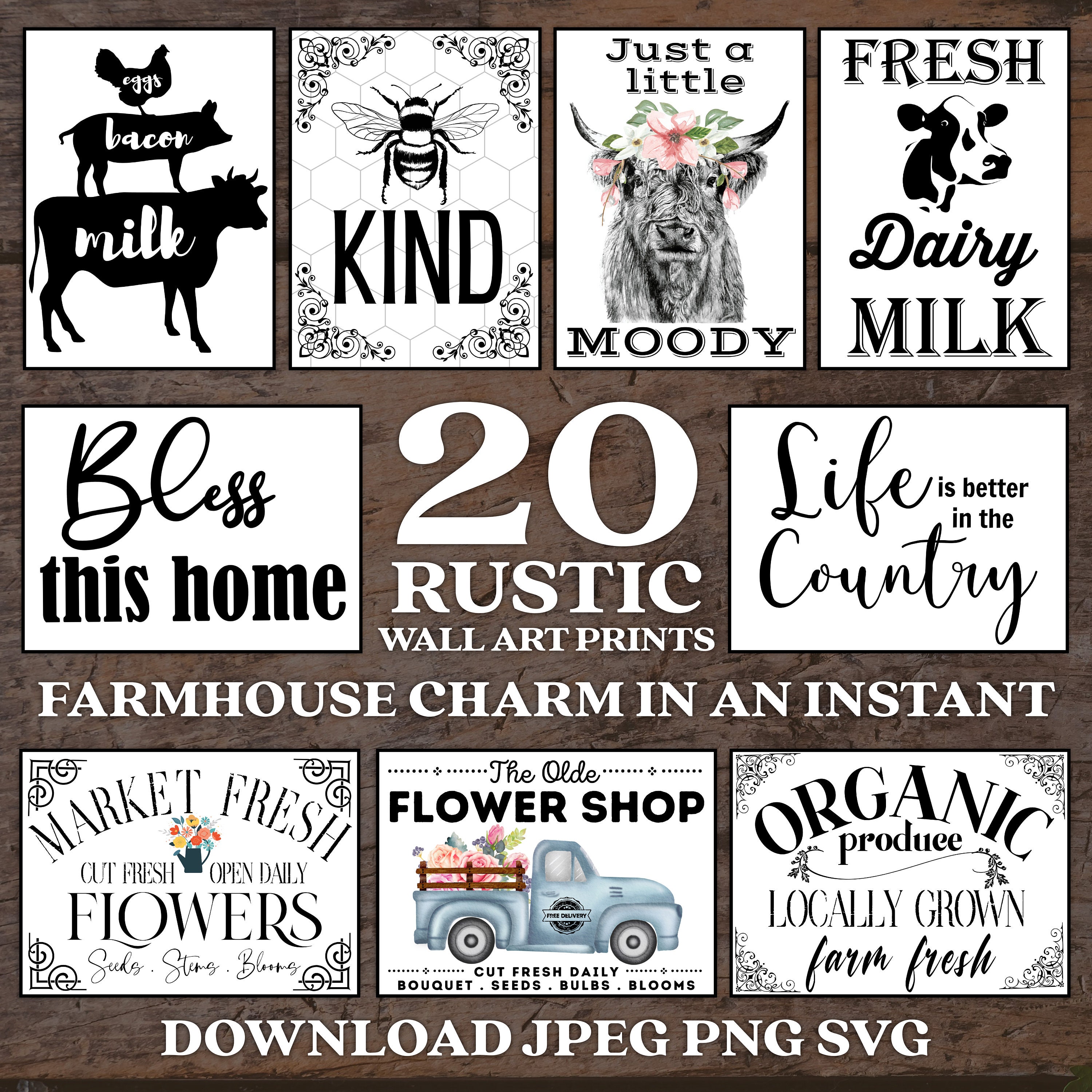Farmhouse Rustic Digital Bundle | 20+ Instant Download PNG JPEG SVG | Vintage Wall Art & Craft Graphics