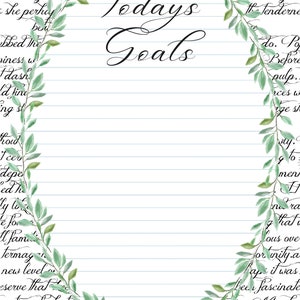 Op de afbeelding: Een gelinieerd notitieboekblad met de woorden "Todays Goals" in cursief schrift. De pagina wordt aan beide kanten omlijst door een groene, bladerrijke wijnstok.