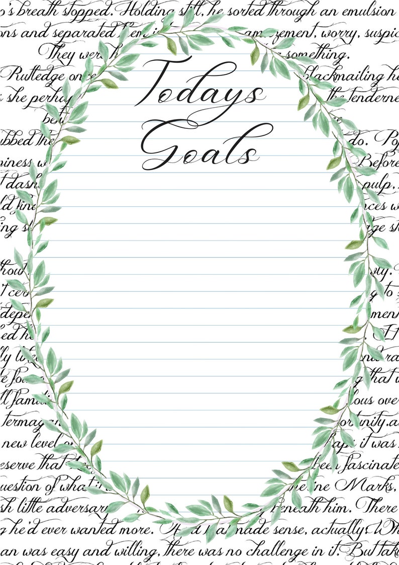 Op de afbeelding: Een gelinieerd notitieboekblad met de woorden "Todays Goals" in cursief schrift. De pagina wordt aan beide kanten omlijst door een groene, bladerrijke wijnstok.