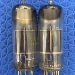 May include: Two vintage vacuum tubes with glass enclosures. The tubes have a cylindrical shape with a rounded top and multiple pins at the base. The internal components are visible, and the tubes are labeled with text. The background is a blue surface.