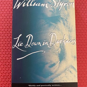 May include: A paperback book titled "Lie Down in Darkness" by William Styron. The cover features white script over a blue and beige background. The book is from Vintage International.
